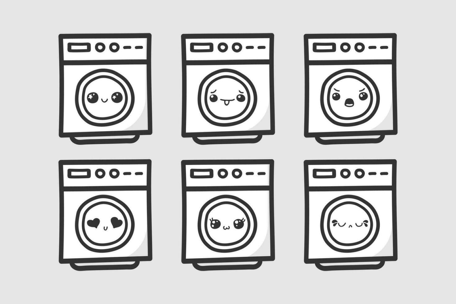 Hand gezeichnet Waschen Maschine Charakter mit verschiedene Ausdrücke vektor