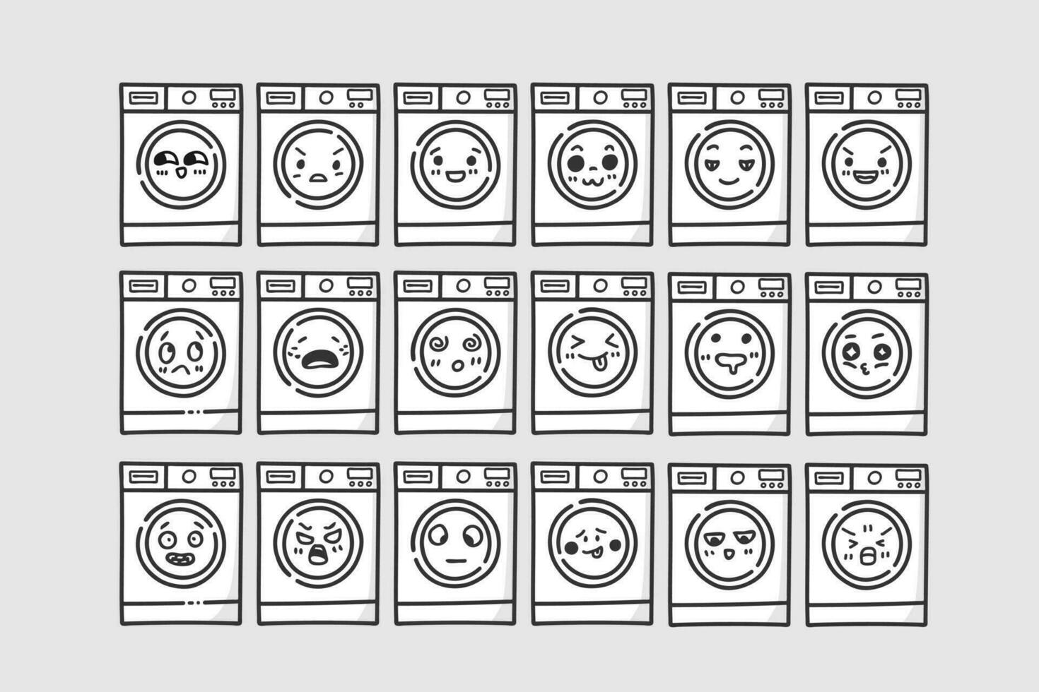 Hand gezeichnet Waschen Maschine Charakter mit verschiedene Ausdrücke vektor