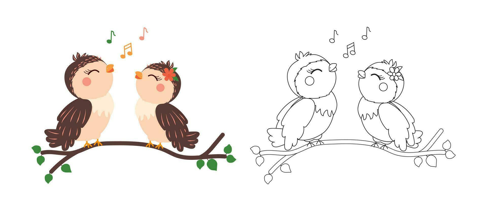 söt fåglar sång på en gren färg bok eller färg sida vektor