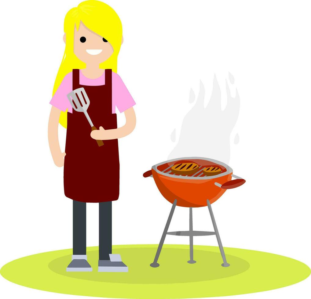 Mann bereitet vor Grill Fleisch auf ein Grill Über Feuer. Koch Kerl im Schürze. Element von Mittagessen auf Natur. köstlich herzhaft Mahlzeit. Steak, Mittel selten, Essen - - Karikatur eben Illustration vektor