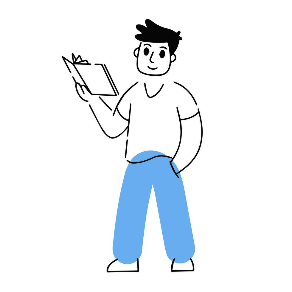 Mann lesen Buch. Hobbys und Bildung. linear männlich Charakter im Blau Kleidung. modisch Gliederung Karikatur isoliert auf Weiß. geometrisch modern Illustration vektor