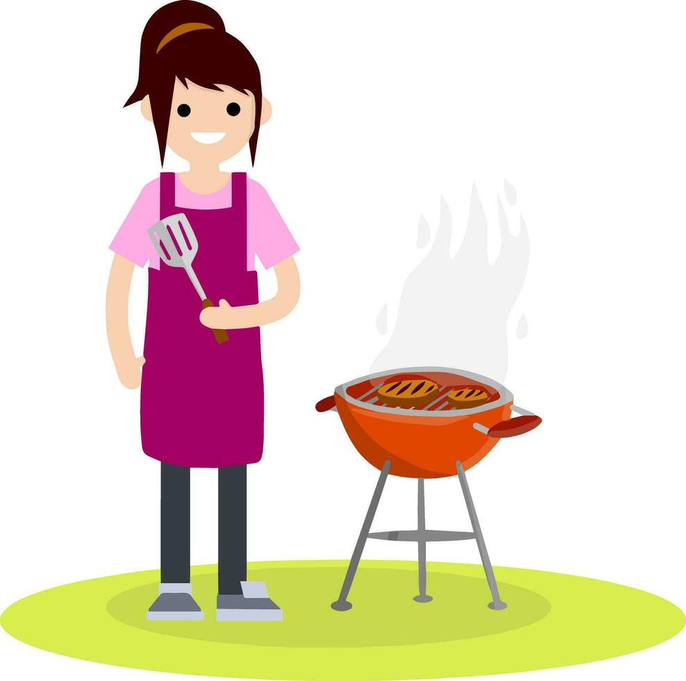 Mann bereitet vor Grill Fleisch auf ein Grill Über Feuer. Koch Kerl im Schürze. Element von Mittagessen auf Natur. köstlich herzhaft Mahlzeit. Steak, Mittel selten, Essen - - Karikatur eben Illustration vektor