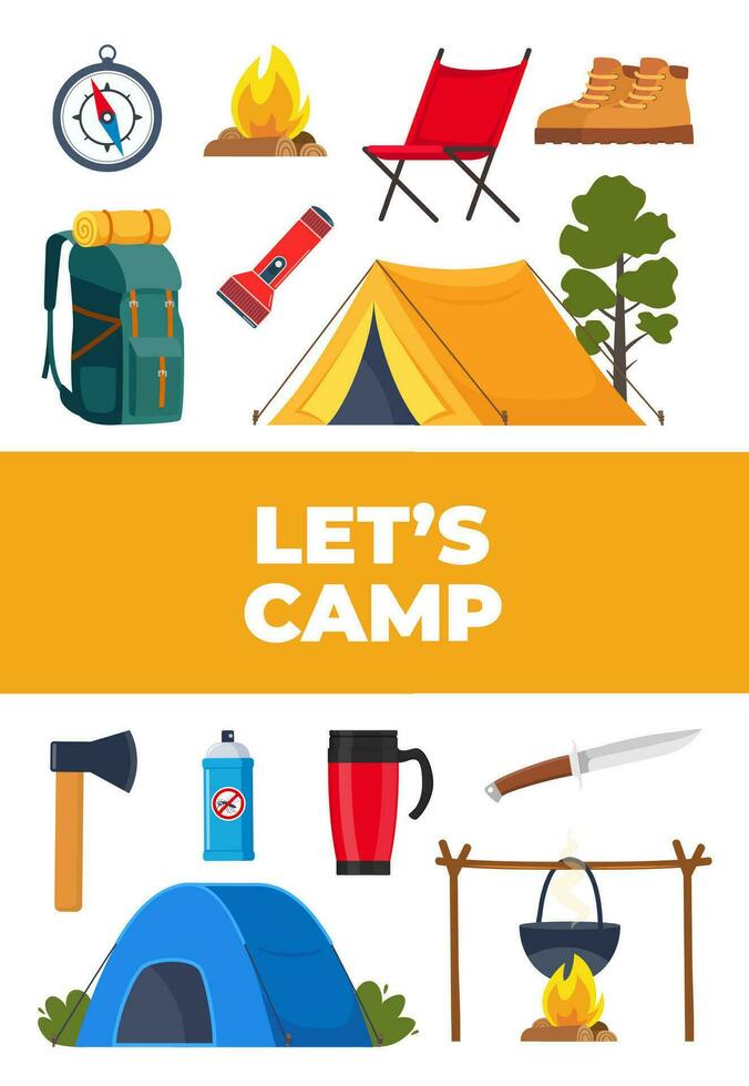Sommer- Camping und Wandern Ausrüstung Satz. groß Sammlung von Symbole zum Sport, Abenteuer im Natur, Erholung und Tourismus Konzept Design. Vektor Illustration.