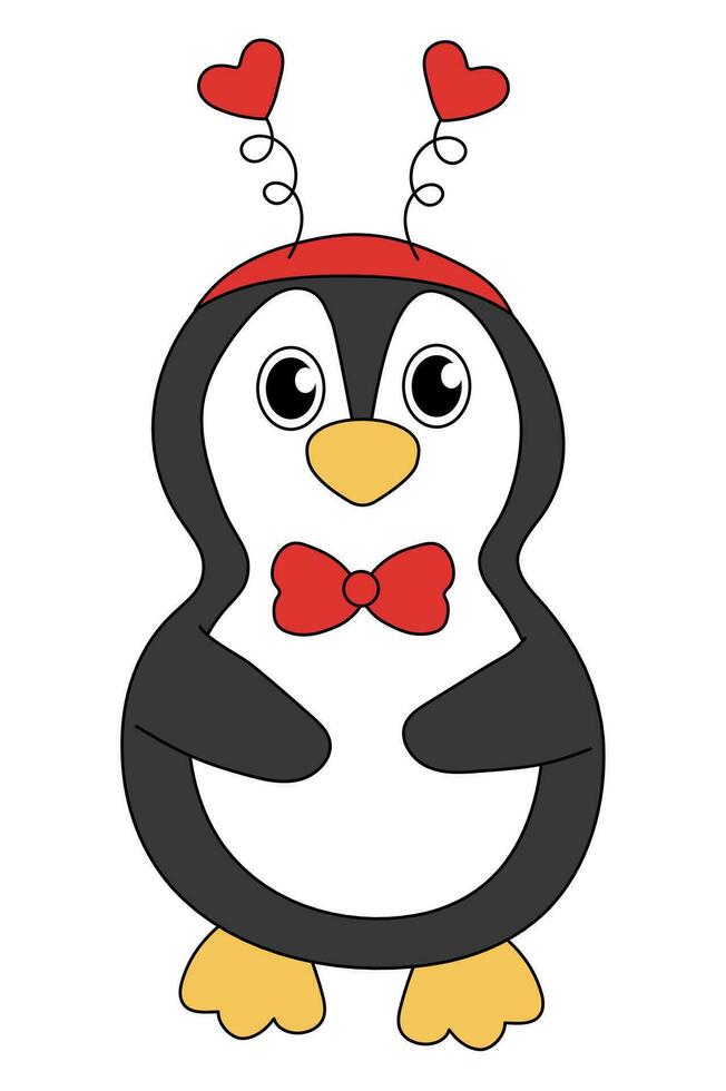 tecknad serie valentine dag pingvin karaktär. söt pingvin med pannband och slips rosett. vektor platt illustration.