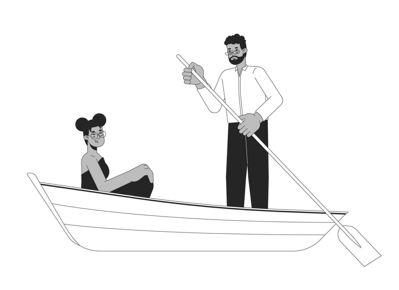 afrikansk amerikan heterosexuell par på romantisk båt rida svart och vit 2d linje tecknad serie tecken. kärlekssjuka älsklingar isolerat vektor översikt människor. roman enfärgad platt fläck illustration