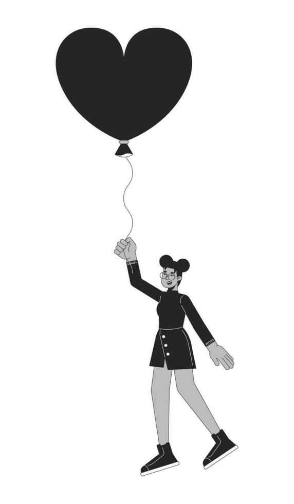 afrikansk amerikan flicka flygande med ballong i händer svart och vit 2d linje tecknad serie karaktär. hjärta formad baloon svart kvinna isolerat vektor översikt person. enfärgad platt fläck illustration