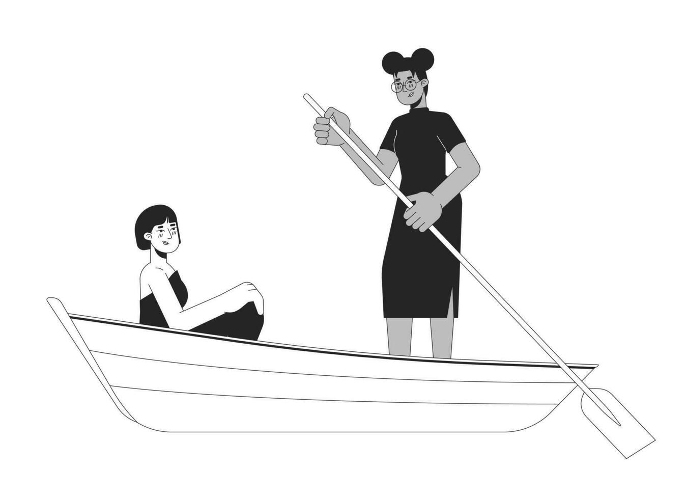 lesbisk par på romantisk båt rida svart och vit 2d linje tecknad serie tecken. först datum kärlek. förälskad Gay kvinnor isolerat vektor översikt människor. sjö roman enfärgad platt fläck illustration