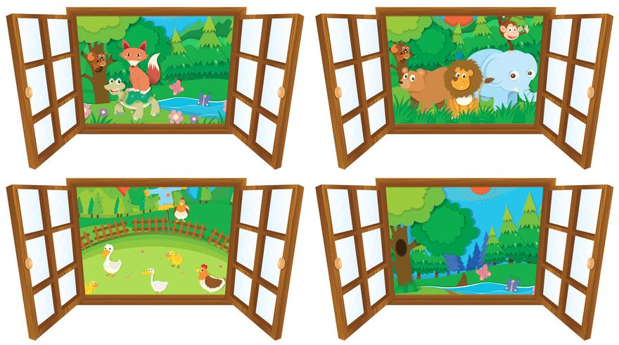 Windows mit vier Ansichten von Bauernhof und Wald vektor