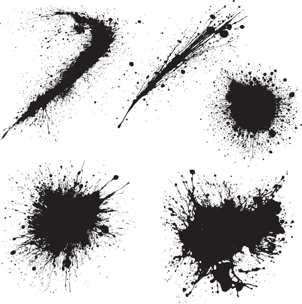 uppsättning av svart stänk på vit bakgrund. grunge bläck blottar och droppar. hög kvalitet manuellt spåras vektor illustration