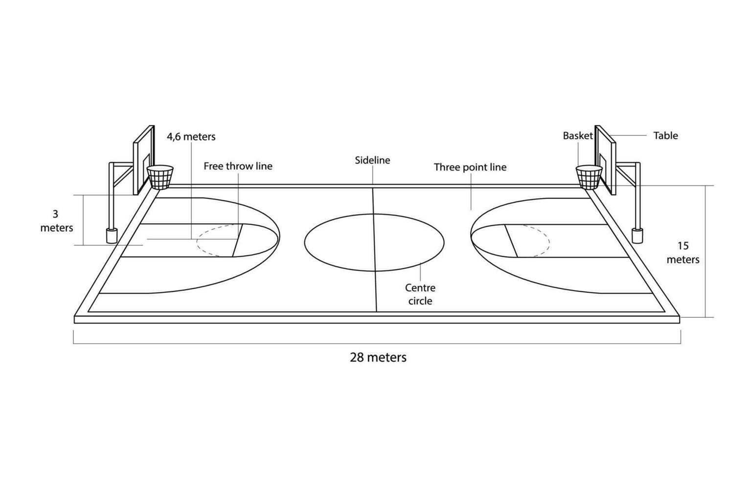 Perspektive Aussicht von ein Basketball Gericht mit es ist Größe, Basketball Gericht mit ein schwarz Linie auf das Weiß Hintergrund vektor