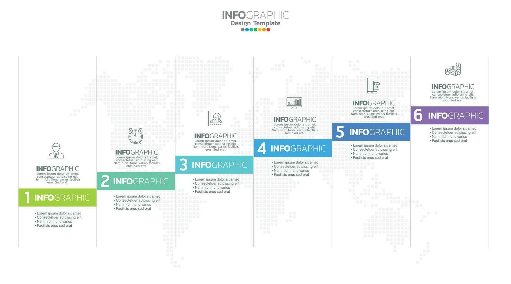 Timeline-Infografik-Vektor mit 6 Schritten kann für das Webdesign des Workflow-Layout-Diagramms des Jahresberichts verwendet werden. vektor