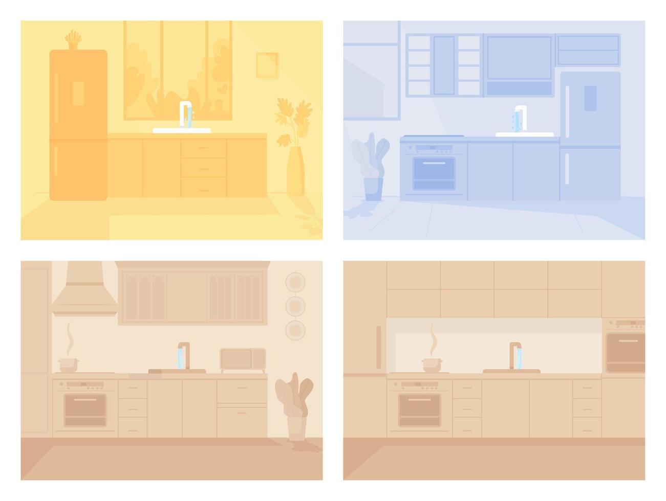 Zeitgenössische monochrome Küche flache Farbvektorillustration. moderne Möbel im Esszimmer. Wohnung mit Gerät. Home 2D-Cartoon-Interieur mit fließendem Wasser im Waschbecken im Hintergrund vektor