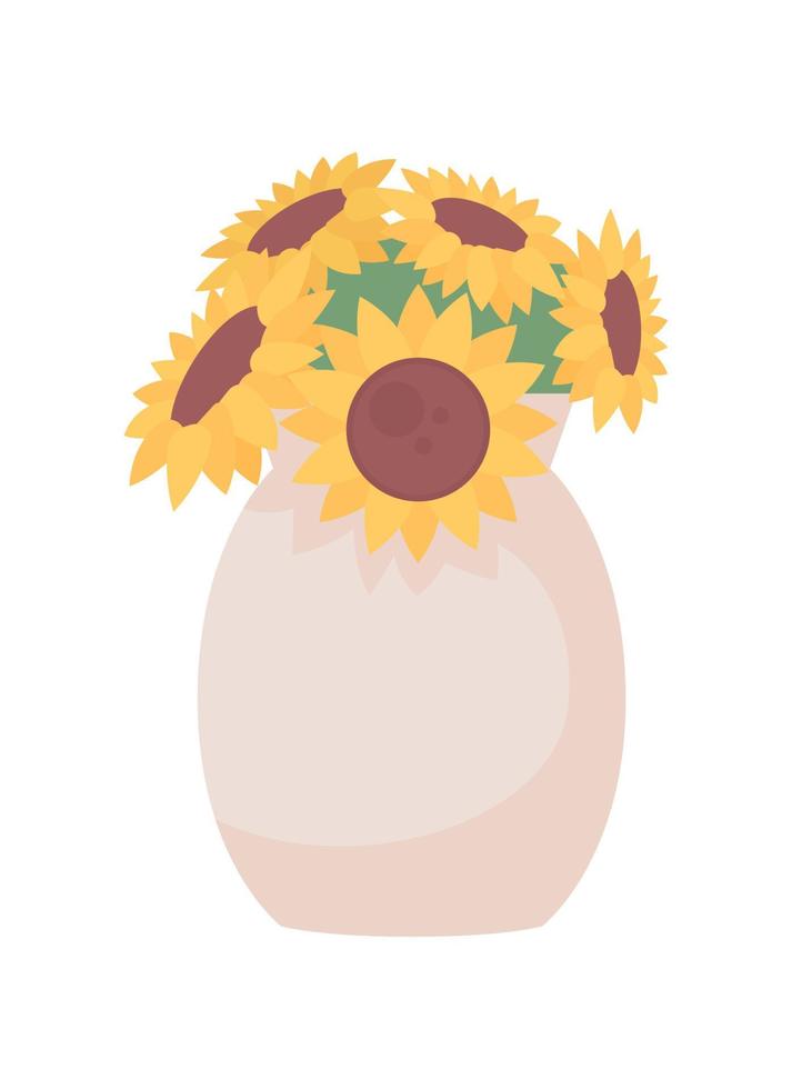 Sonnenblumen in Vase halb flaches Farbvektorobjekt. florale Komposition. voller Artikel auf weiß. herbstliche saisonale Dekoration isoliert moderne Cartoon-Stil Illustration für Grafikdesign und Animation vektor