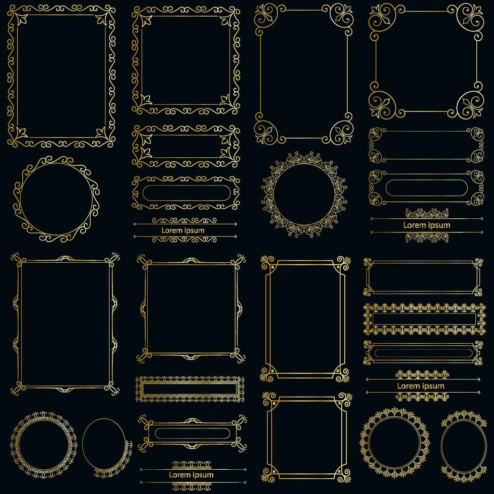 dekorativ Kunst Deko Frames im Gold Farbe. Linie Kunst dekorativ Grenzen. Jahrgang Frames zum Hochzeit, Dekoration, Antiquität Design, Grenzen und Deko Teiler. Vektor Illustration