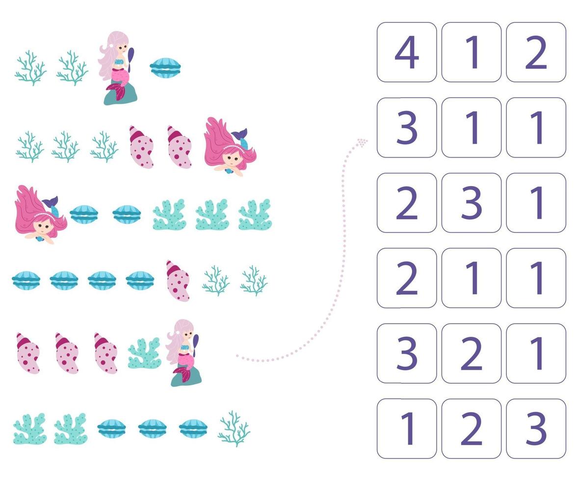 sjöjungfrur. kalkylblad för matematik- och räkenskapsundervisning. vektor. vektor