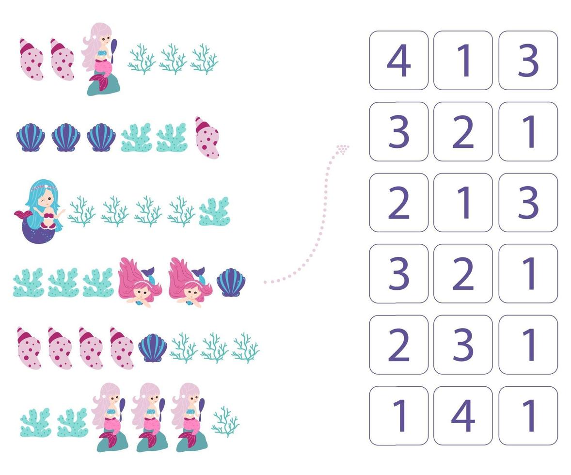 sjöjungfrur. kalkylblad för matematik- och räkenskapsundervisning. vektor. vektor