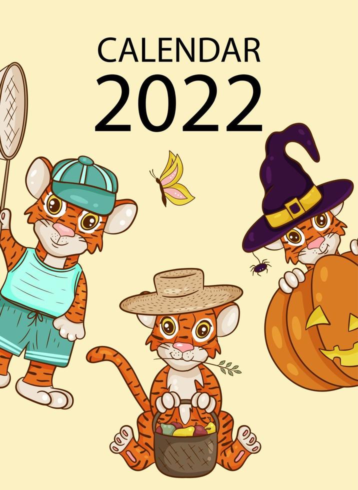 väggkalenderomslagsmall för år 2022, tigerns år enligt den kinesiska eller östra kalendern. vektor illustration tecknad stil.