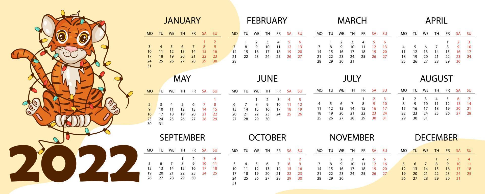 Kalenderentwurfsvorlage für 2022, das Jahr des Tigers nach dem chinesischen oder östlichen Kalender, mit einer Abbildung des Tigers. horizontale Tabelle mit Kalender für 2022. Vektor