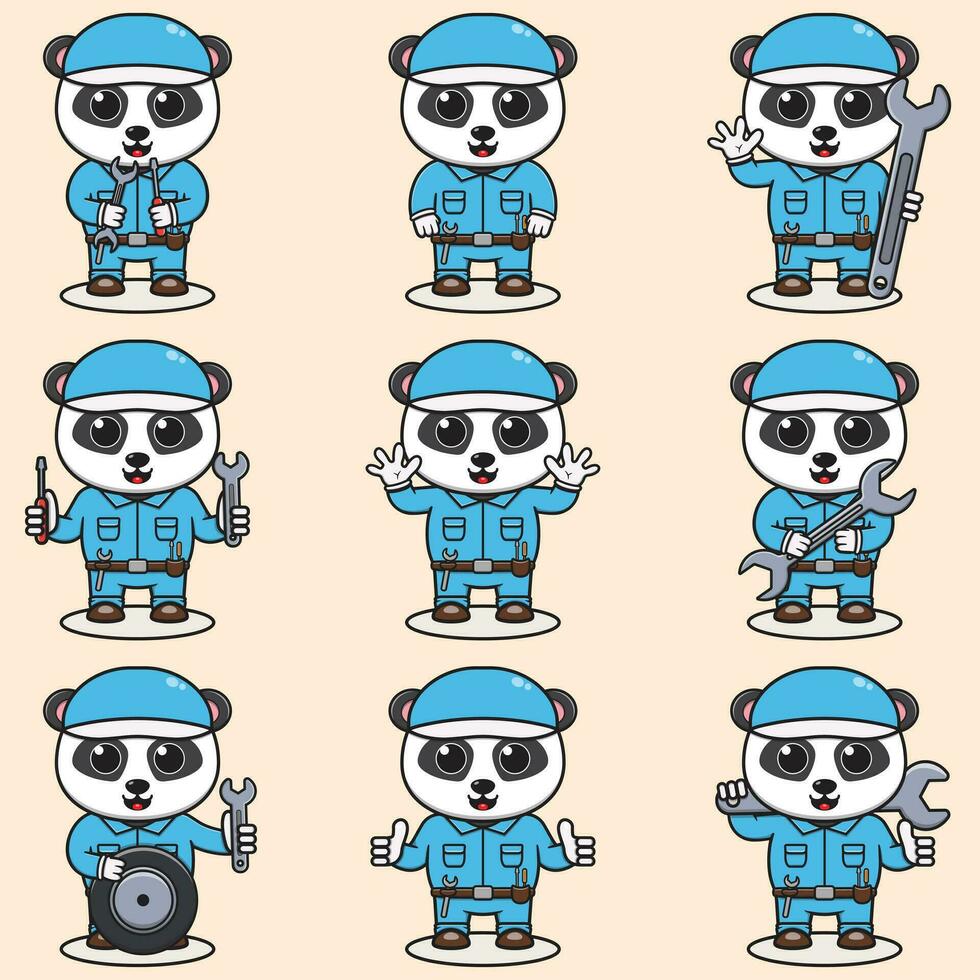 Maskottchen Karikatur von süß Panda tragen Mechaniker Uniform und Deckel. süß Panda Illustration. Charakter Tier. Mechaniker Karikatur Satz. Vektor Illustration im isoliert Hintergrund.