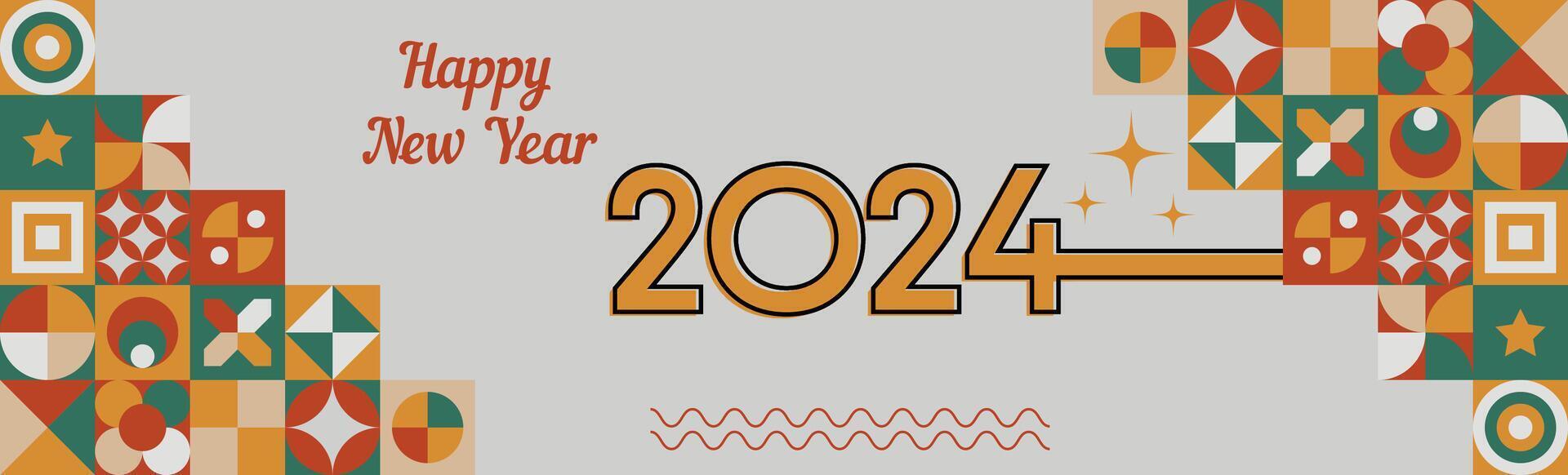 firande Lycklig ny år 2024 omslag med modern abstrakt geometrisk design i retro stil. hälsning kort baner terar typografi, glänsande färger, och färgrik i vibrerande vektor illustration.