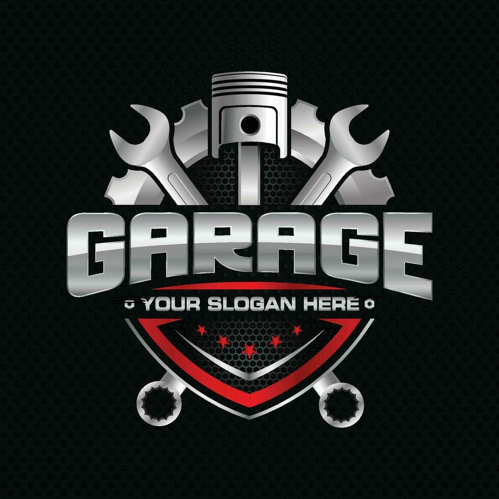 bil garage logo.emblem med kolv, skydda, redskap, och rycka element. vektor