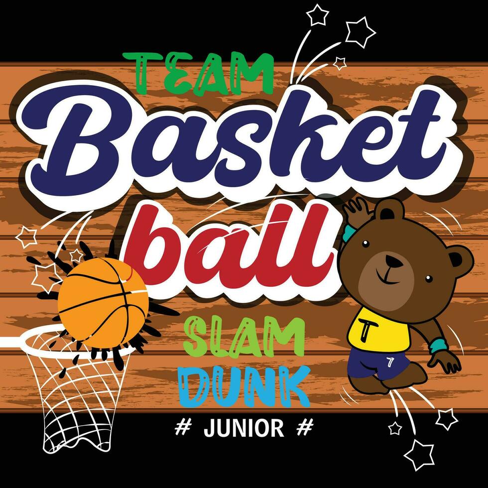 slam dunka slogan med Björn docka basketboll spelare och basketboll ring vektor illustration