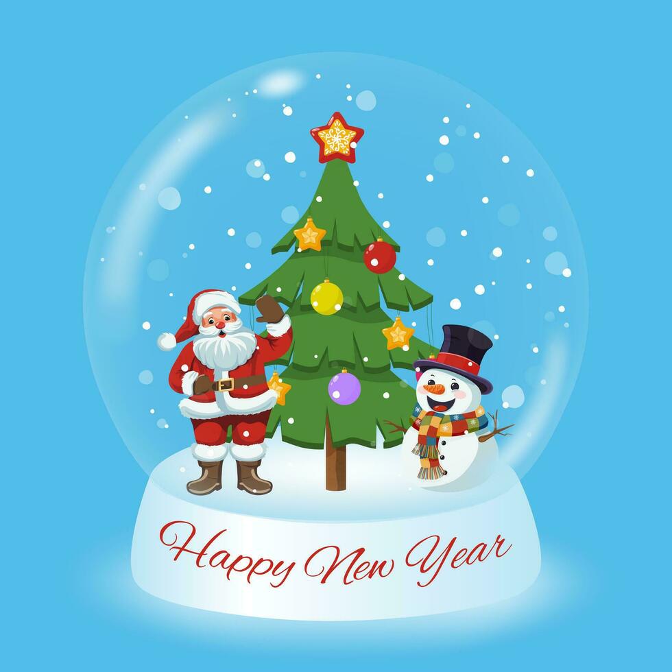 glas snö klot med santa claus, snögubbe, jul träd med ornament. jul och ny år snö klot. vektor illustration, hälsning kort.