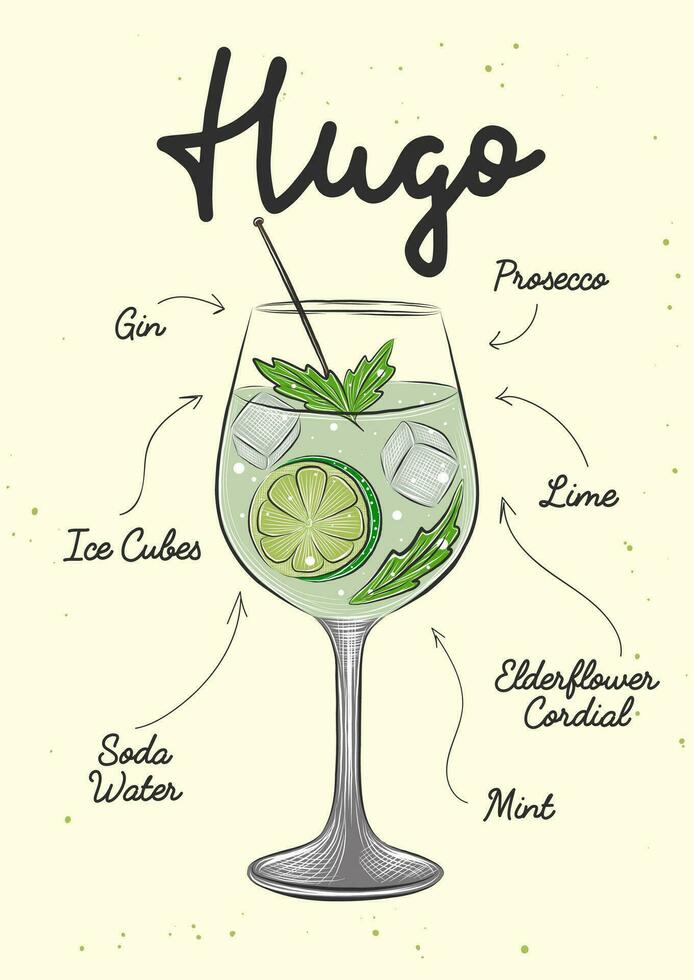 Vektor graviert Stil Hugo Cocktail Illustration zum Poster, Dekoration, Logo, Speisekarte und drucken. Hand gezeichnet skizzieren mit Beschriftung und Rezept, Getränk Zutaten. detailliert bunt Zeichnung.