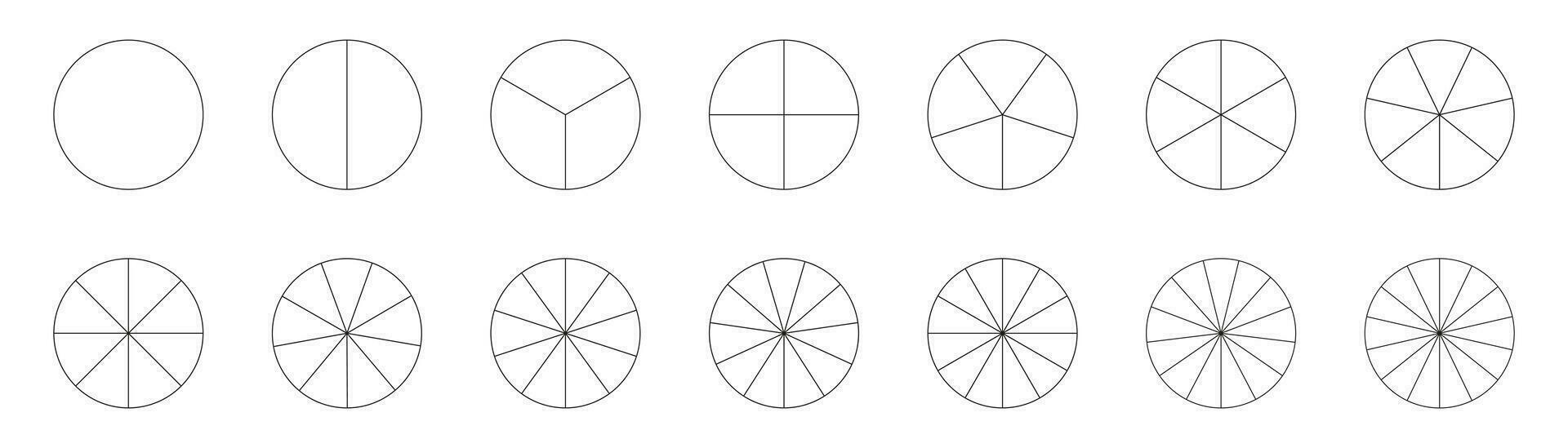 segmentiert Diagramme. Pizza Diagramm Vorlage. Diagramm Rad Teile. Sammlung von Kuchen Diagramme. viele Nummer von Sektoren Teilen das Kreis auf gleich Teile. einstellen von Segmente Infografik. Gliederung schwarz dünn Grafik vektor