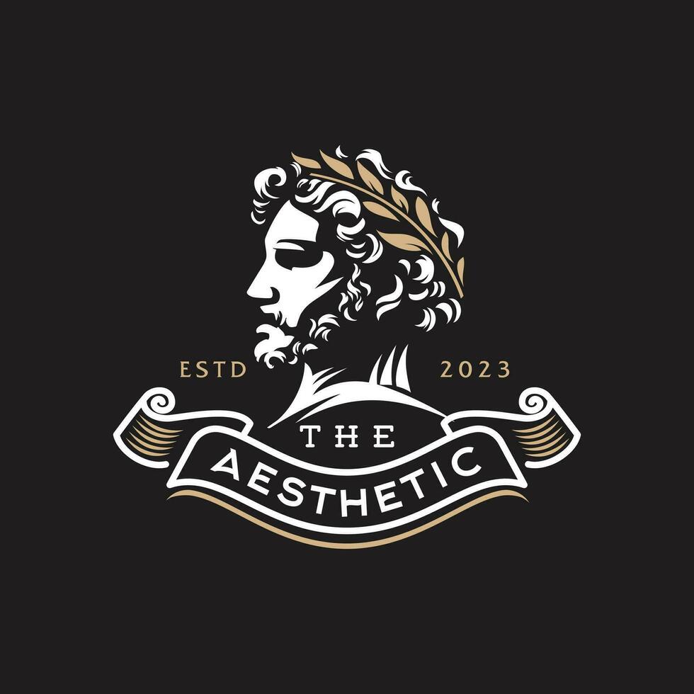 grekisk kejsare logotyp. Gud huvud bär laurel krans staty ikon logotyp design illustration vektor i trendig minimal och enkel linje stil. gammal grekisk figur ansikte huvud staty skulptur.