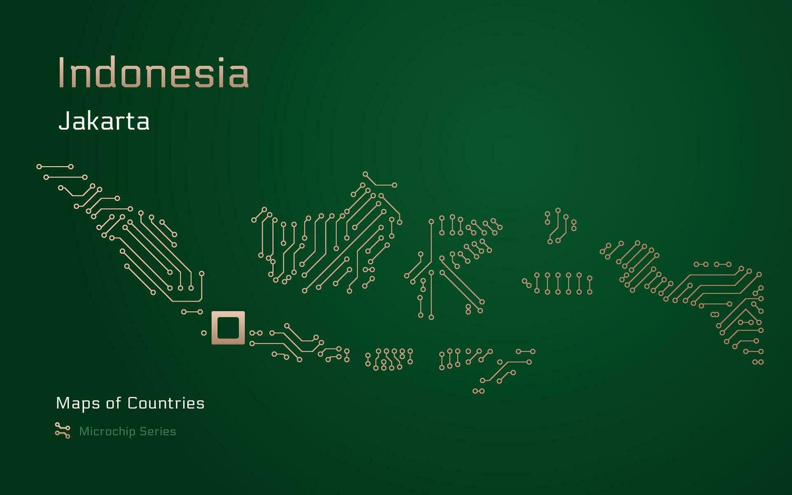 indonesien Karta med en huvudstad av jakarta visad i en mikrochip mönster med processor. e-förvaltning. värld länder vektor Kartor. mikrochip serier