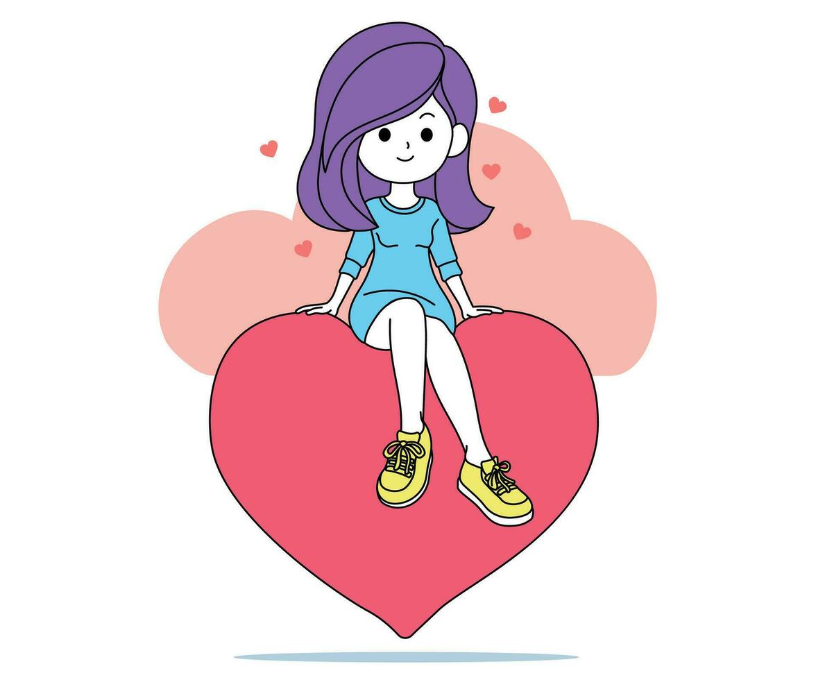 Mädchen Charakter süß sitzen auf groß Herz Ballon fallen im Liebe Konzept zum Liebe und Valentinstag. vektor