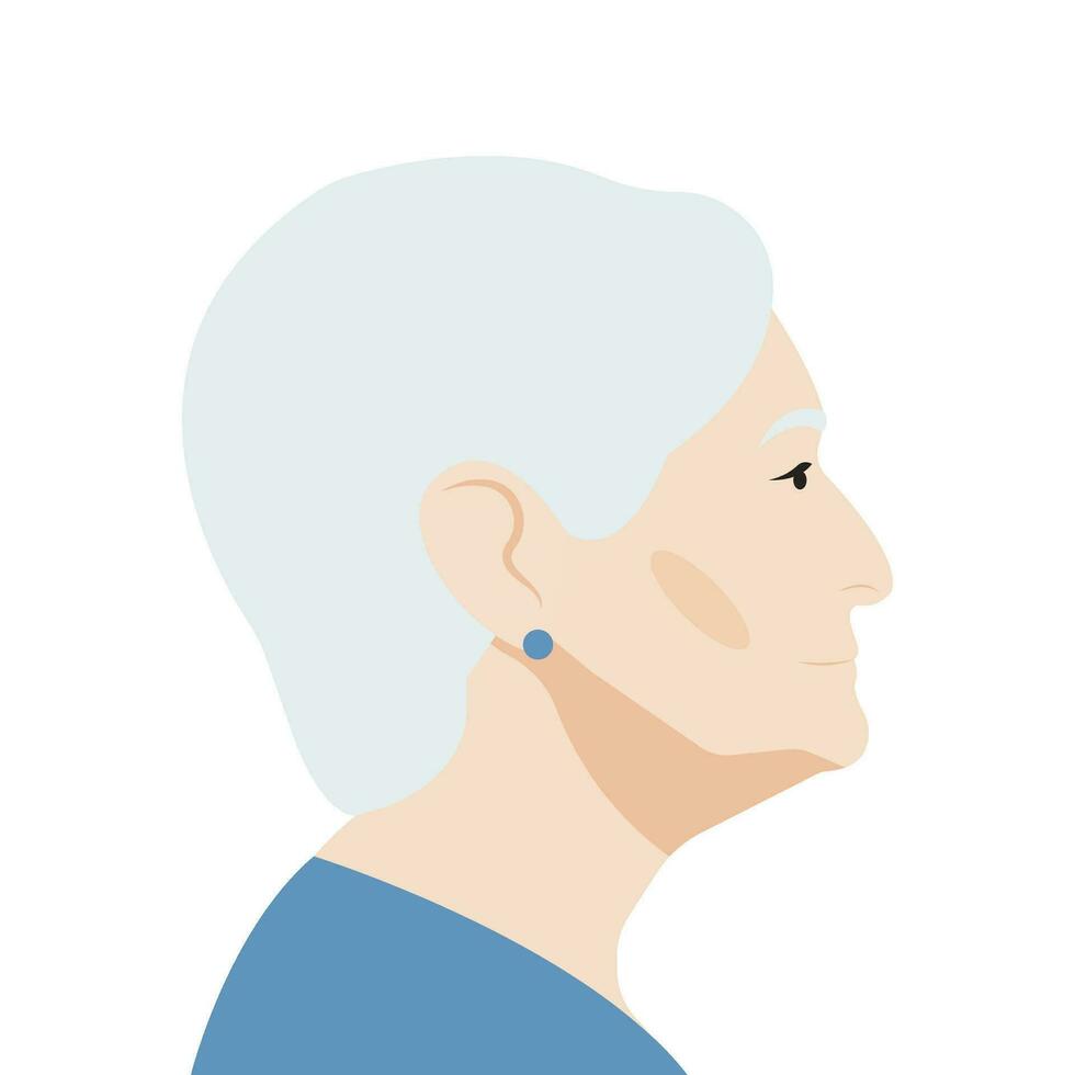 äldre kvinna profil porträtt med kort grå hår. mormor i profil. isolerat. vektor