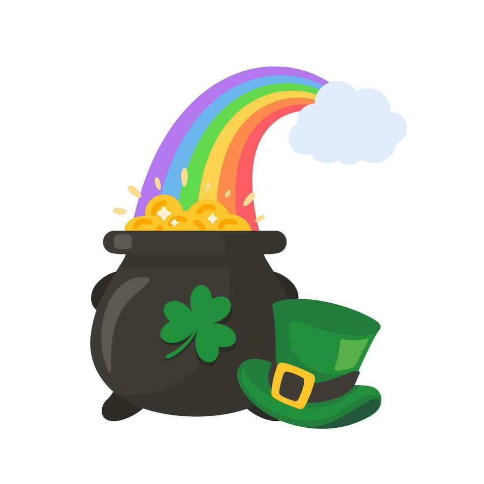 ein Wolke Das schießt ein Regenbogen auf ein Topf voll von Gold Münzen mit das Kleeblatt Symbol von gut Glück auf st Patrick's Festival vektor