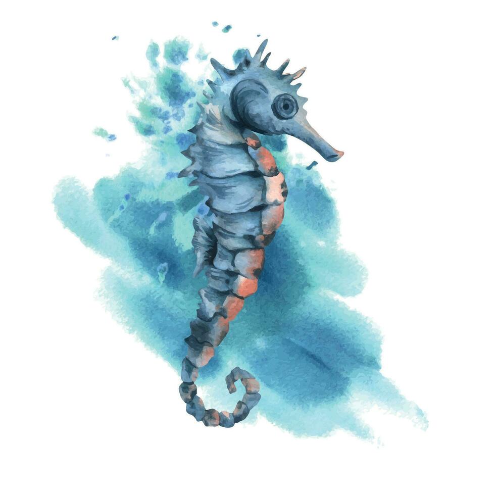 unter Wasser Welt Clip Art mit Meer Tiere Wal, Schildkröte, Krake, Seepferdchen, Seestern, Muscheln, Koralle und Algen. Hand gezeichnet Aquarell Illustration. isoliert Komposition auf ein Weiß Hintergrund. vektor