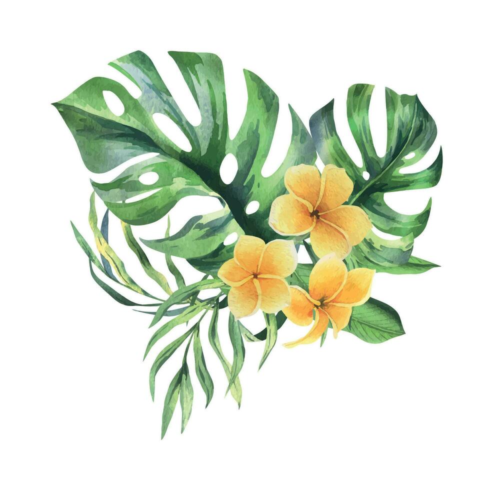 tropisk handflatan löv, monstera och gul blommor av plumeria, frangipani, ljus saftig. hand dragen vattenfärg botanisk illustration. isolerat sammansättning på en vit bakgrund vektor eps