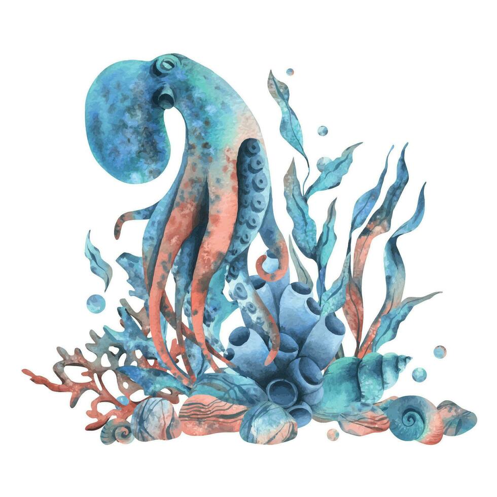 unter Wasser Welt Clip Art mit Meer Tiere Krake, Muscheln, Koralle und Algen. Hand gezeichnet Aquarell Illustration. isoliert Komposition auf ein Weiß Hintergrund vektor