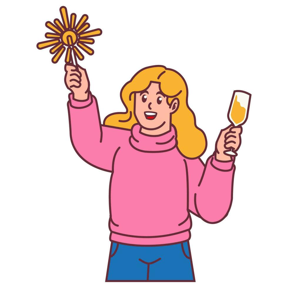 ein Frau feiern Party halten Feuerwerk und Glas von Champagner vektor