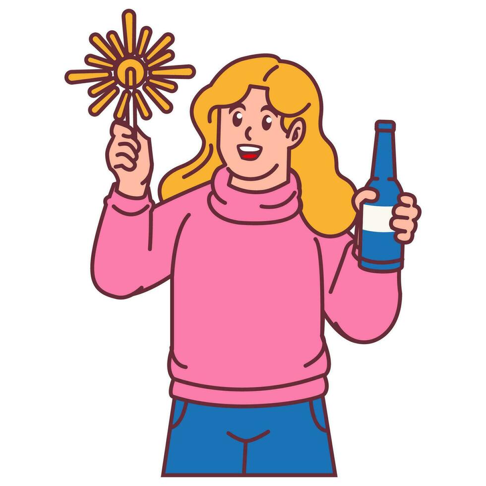 ein Frau feiern Party halten Feuerwerk und Flaschen vektor