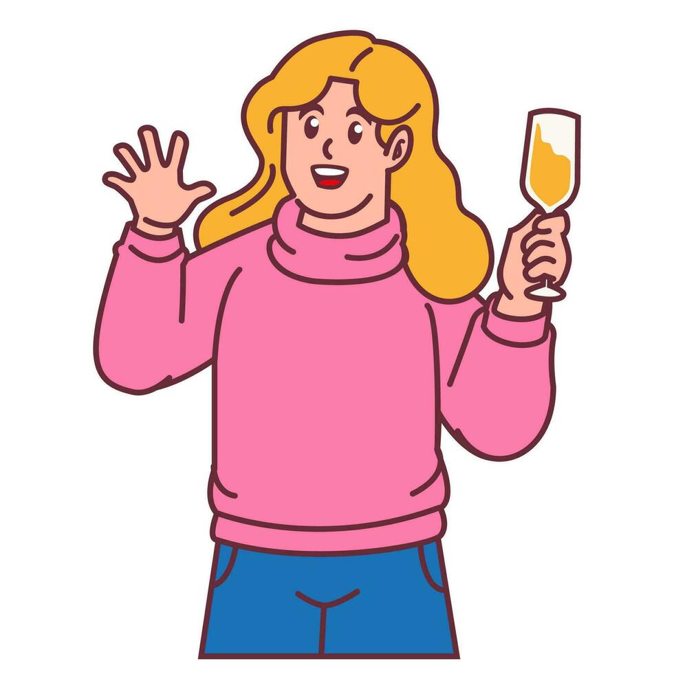en kvinna fira fest och innehav glas av champagne vektor