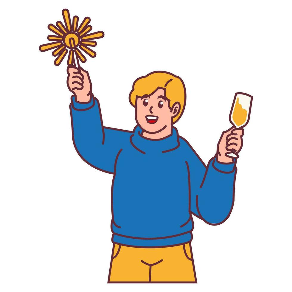 ein Mann feiern Party halten Feuerwerk und Glas von Champagner vektor
