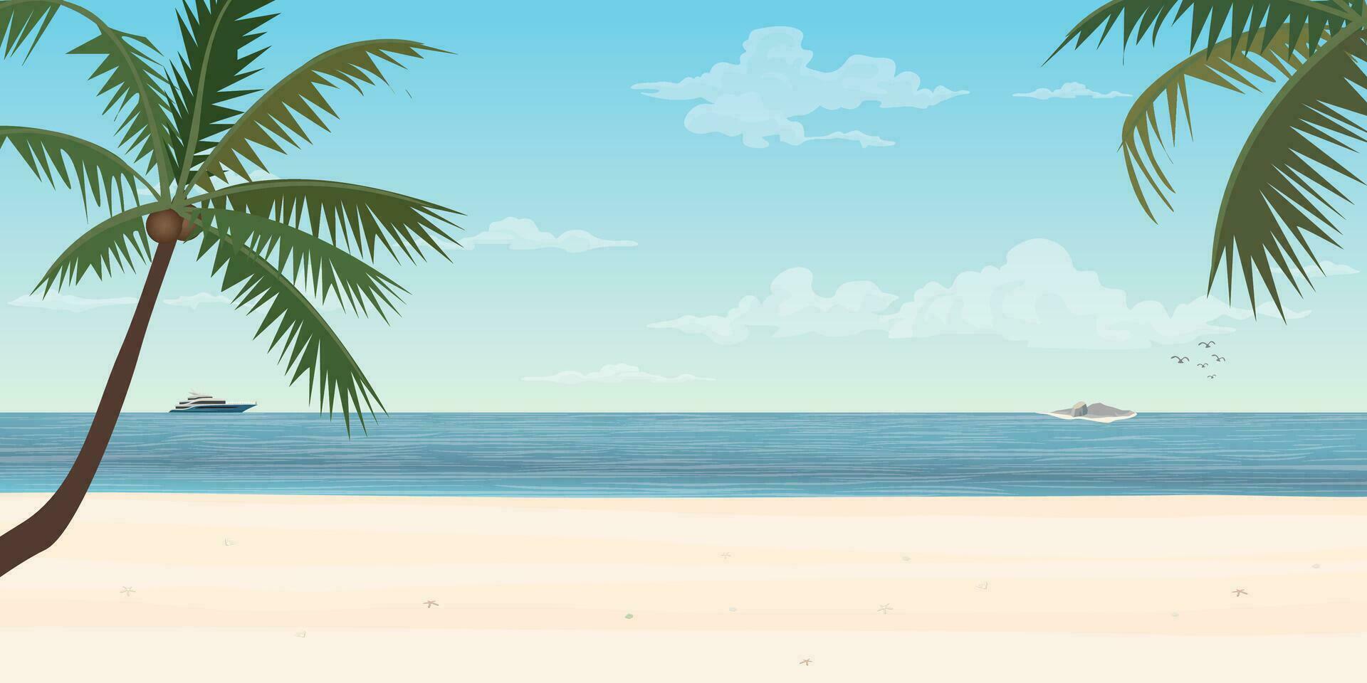 Weiß Sand Strand mit Yacht beim das Horizont haben Kokosnuss Baum Vordergrund Vektor Illustration. tropisch Blau Meer Konzept eben Design.