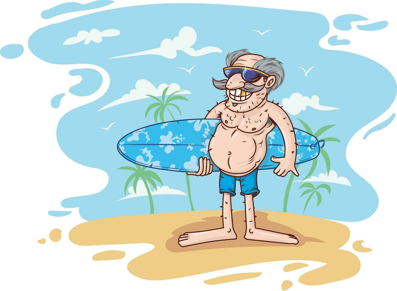 senior man med surfingbräda på de strand vektor