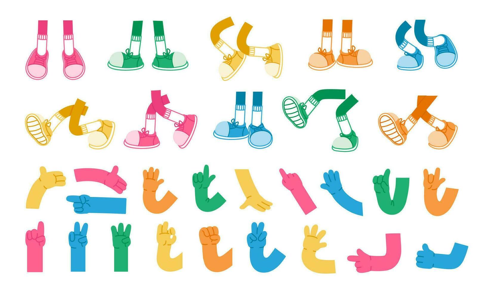 tecknad serie händer och ben. retro Färg komisk ben i sneakers, maskot ärm och hand, fötter i utbildare gående, uttryck utgör, söt klotter gest. vektor uppsättning