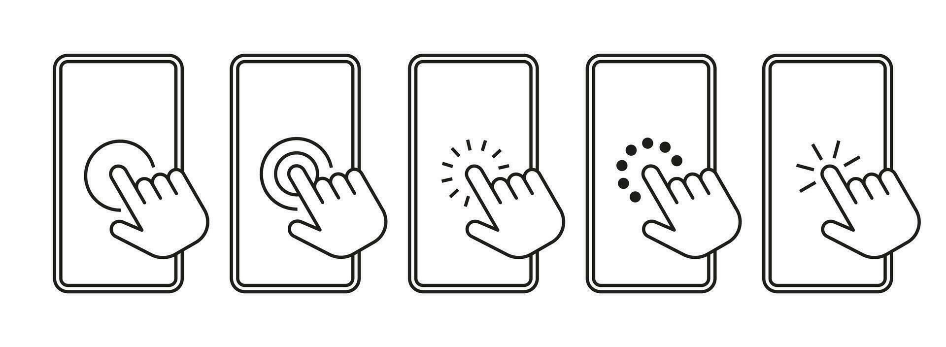 Telefon mit klicken Hand Symbol. Hand berühren Smartphone Symbole. Zeiger Klicken Finger Handy, Mobiltelefon Bildschirm unterzeichnen. Berührungssensitiver Bildschirm Handy Auswahl. Vektor einstellen