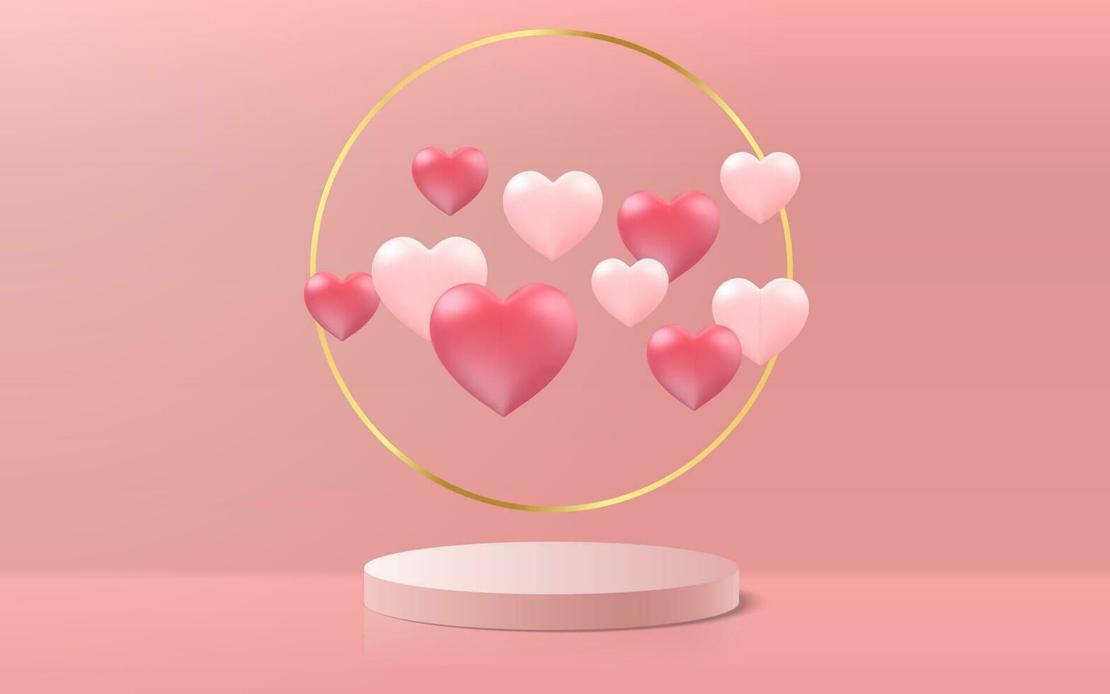 podium och hjärtan. valentine dag produkt 3d plattform, gyllene ringa med röd och rosa hjärta former. bröllop romantisk kort, ge bort vektor baner