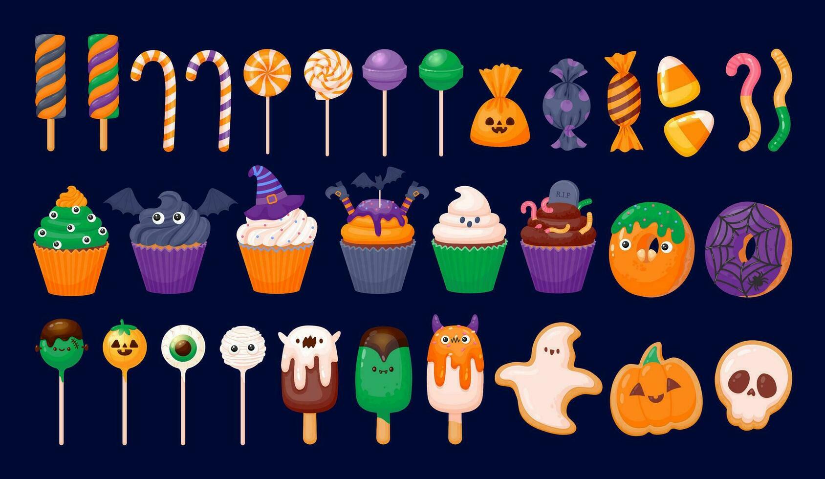 halloween sötsaker. oktober Semester, barn höst fest. lura eller behandla ljuv godis, choklad, pumpa kaka, färgrik klubba, spöke kaka. vektor uppsättning