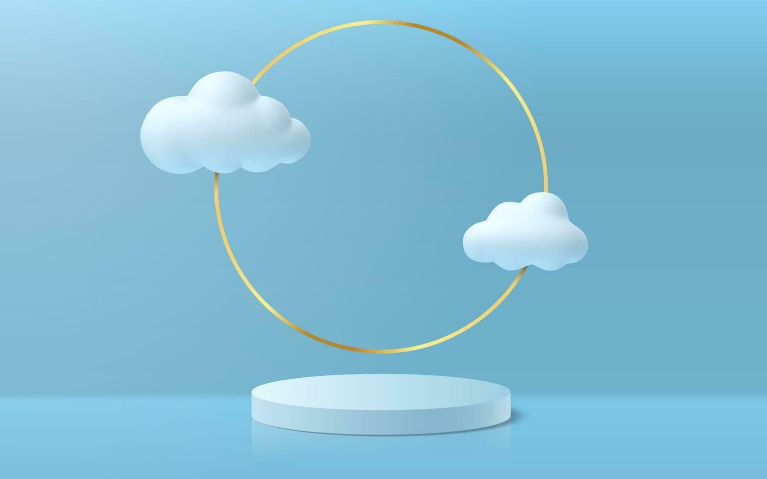 3d Podium und Wolken. Produkt Verkauf Sockel mit golden Ring Blau Himmel Hintergrund und Weiß Karikatur verträumt Wolke. Vektor Studio Anzeige Attrappe, Lehrmodell, Simulation