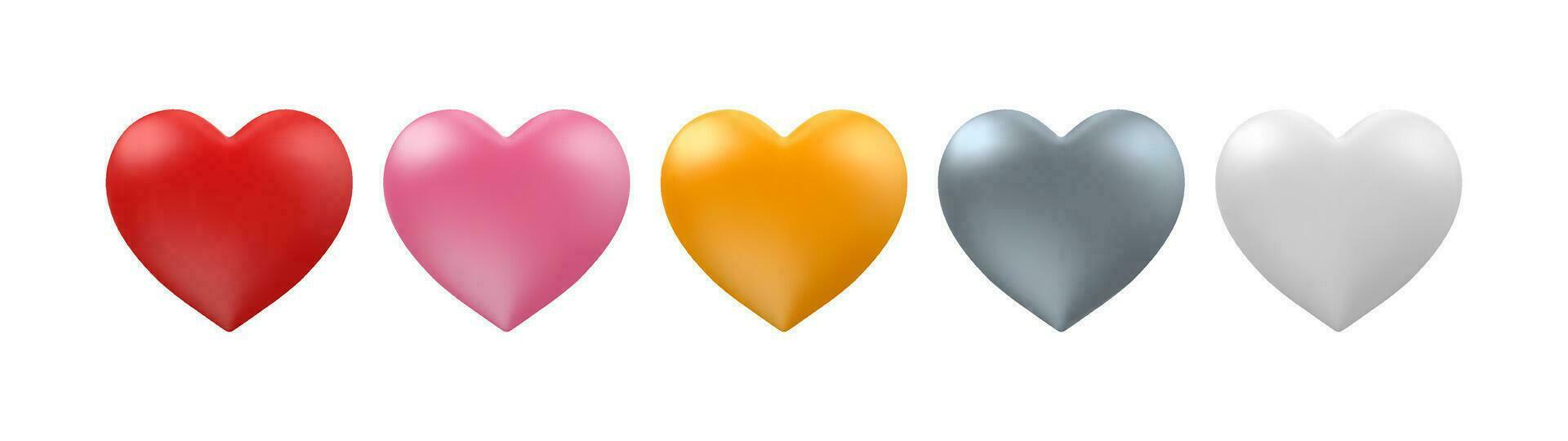 3d Farbe Herzen. Herz geformt Ballon Rot, Rosa und golden, Silber Weiß. Valentinstag, Hochzeit und Mutter Tag glänzend Elemente. Vektor einstellen