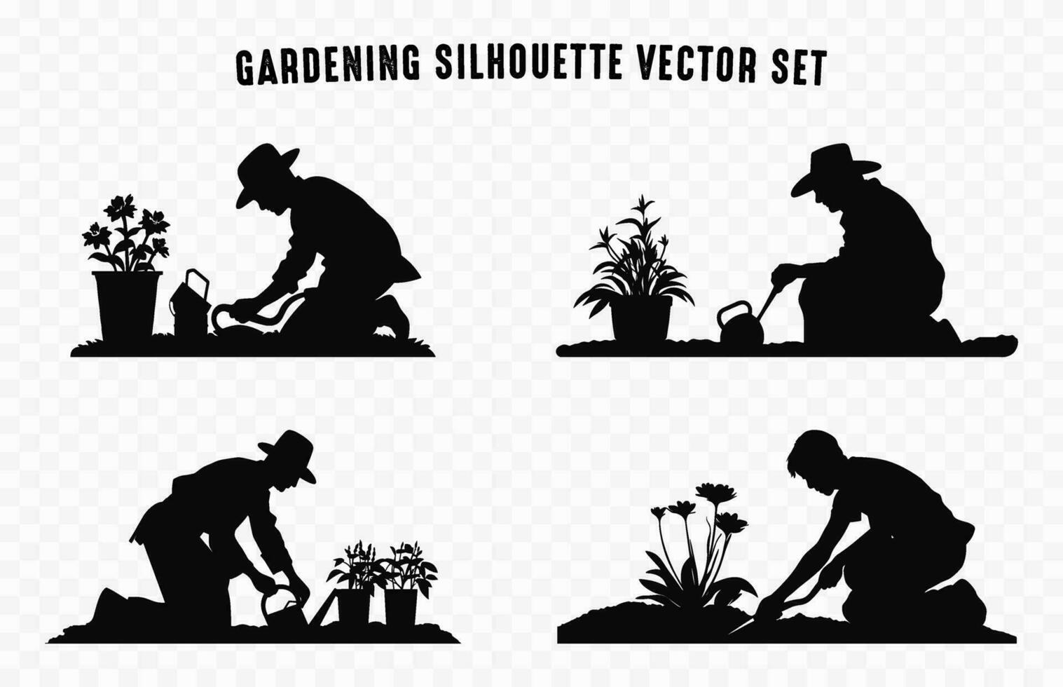 trädgårdsarbete människor silhuetter vektor uppsättning, trädgårdsmästare silhuett svart ClipArt bunt